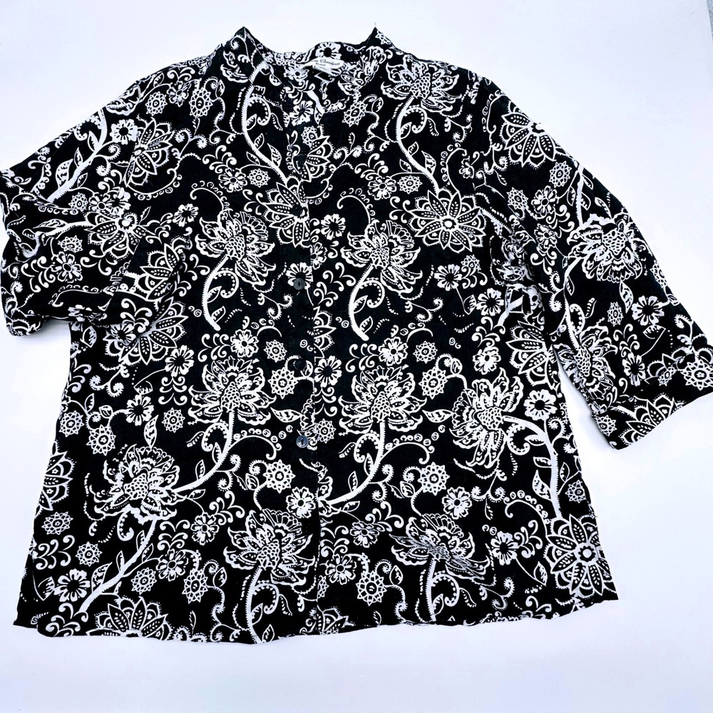 Marisa Christina 100% Linen Black White Floral Button Up Blouse 2X Plus Size